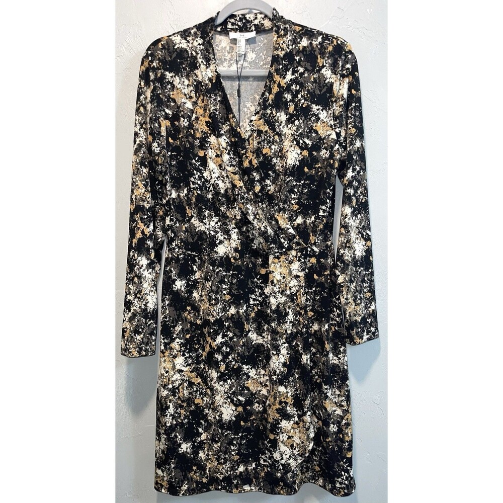NWT Halston Faux Wrap Dress Medium Abstract Print Stretch Soft Long Sleeve Midi